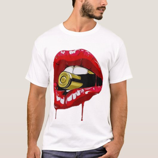 T-shirt rode lippen tanden gouden kogel geel T-shi (Voorkant)