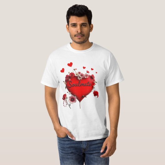T-shirt, rood hart en bloemen, Soulmate T-shirt (Voorkant volledig)