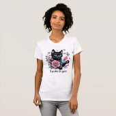 T-Shirt Schattigee zwarte kat met bloemen (Voorkant volledig)