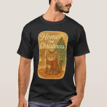 T-shirt Thuis voor Kerstmis (Kat in Sjaal)