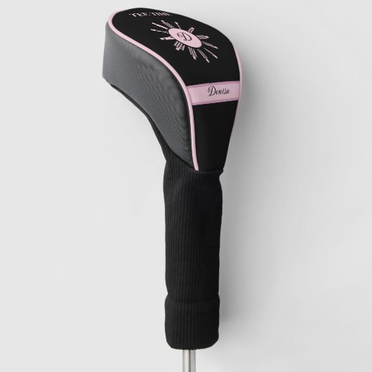 T-shirt Tijd Klok Zwart Roze Naam Monogram Golfheadcover (Schuin)