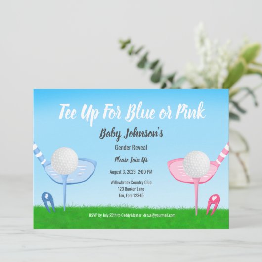 T-shirt Up Blue of Pink Golf Gender onthulling Bab Kaart (Staand voorkant)