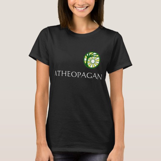 T-shirt van de zwarte "Atheopagan" voor vrouwen me (Voorkant)