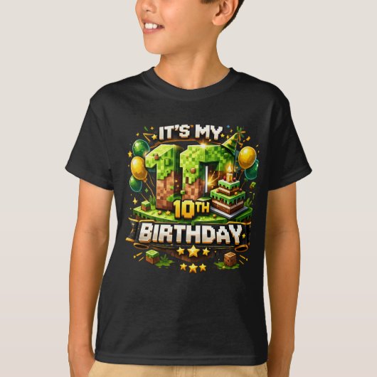 T-shirt voor 10e verjaardag – Pixel Block verjaard (Voorkant)
