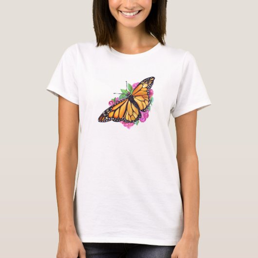 T-shirt voor dames met Monarch Butterfly boven har (Voorkant)
