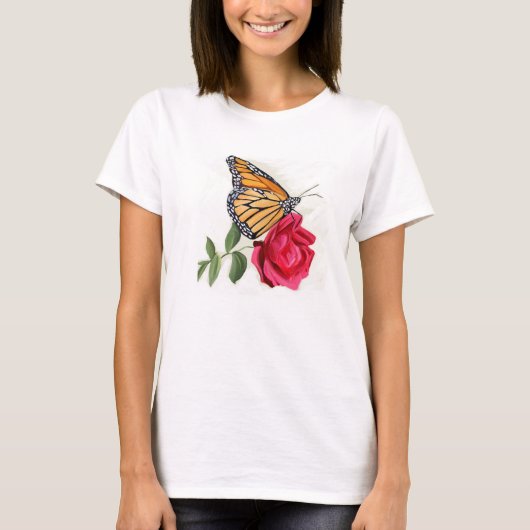 T-shirt voor dames met Monarch Butterfly op Red Ro (Voorkant)