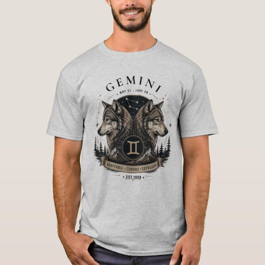 T-shirt voor mannen met sterrenbeeld Tweeling Wolf (Voorkant)