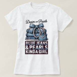 T-shirt voor meisjes met blauwe jeans en parels
