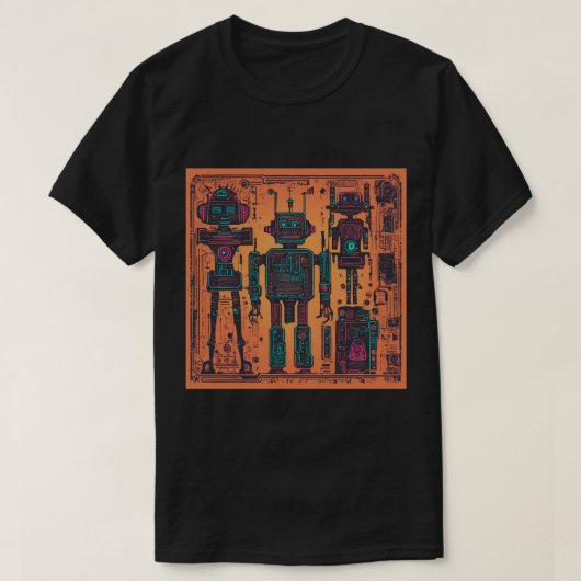 T-shirt, zwart, robots print t-shirt (Design voorkant)