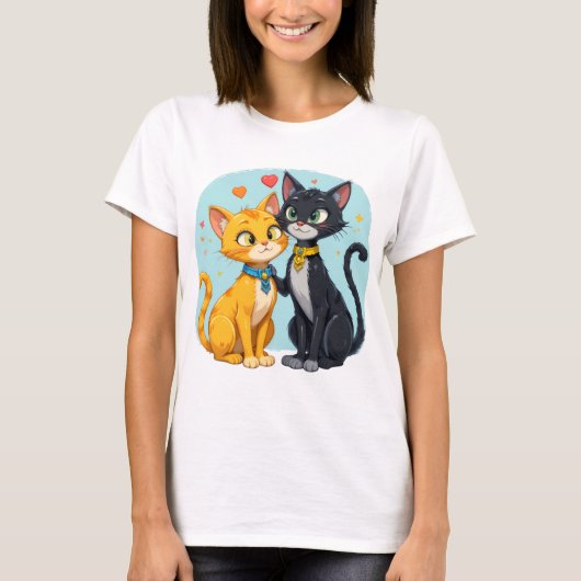T-shirt Zwarte kat en gele kat verliefd op het har (Voorkant)