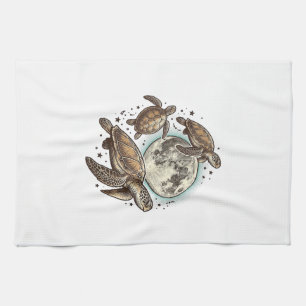 T-shirtontwerp met vintage maan- en zeeschildpadgr theedoek