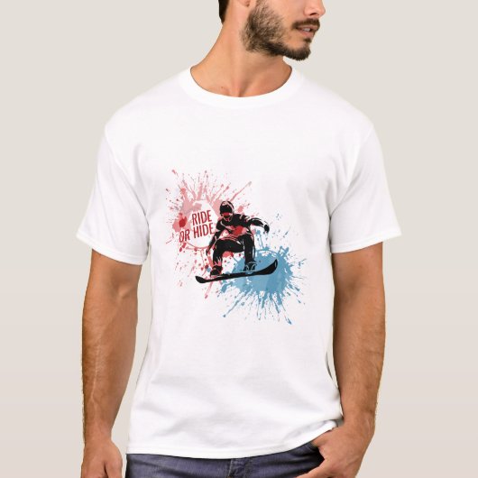 T-shirts met een man dat op een snowboard springt. (Voorkant)