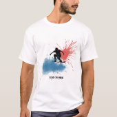 T-shirts met een man dat op een snowboard springt. (Voorkant)