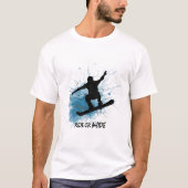 T-shirts met een man dat op een snowboard springt. (Voorkant)