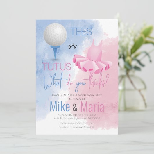 T - shirts of Tutus onthullen genderuitnodiging Feestdagenkaart (Staand voorkant)