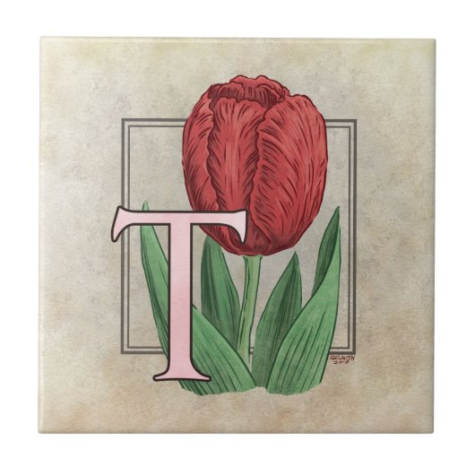 T voor Tulip Bloem Monogram Kunst Tegeltje (Voorkant)