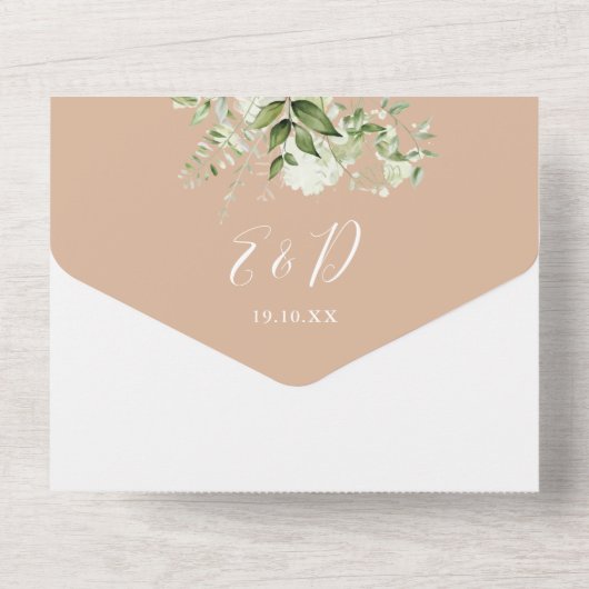 Taan botanische groene monogram bruiloft all in one uitnodiging (Achterkant)