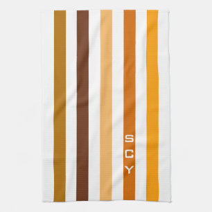Taan bruin oranje verticale strepen monogram theedoek