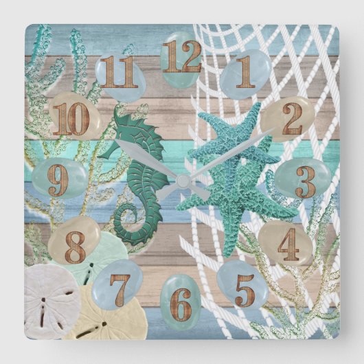 Taan en Blauwe Strand Hout Maritiem Vierkante Klok (Voorkant)