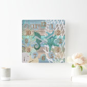 Taan en Blauwe Strand Hout Maritiem Vierkante Klok (Huis)
