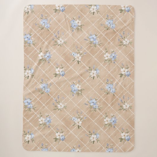 Taanblauwe witte bloemen sherpa deken (Voorkant)