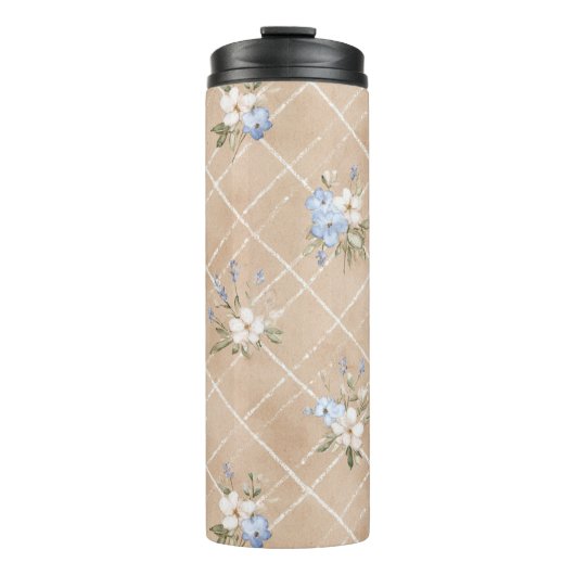 Taanblauwe witte bloemen thermosbeker (Voorkant)