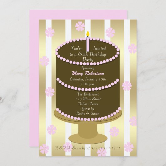 Taart 60e verjaardag Party uitnodiging 60e in roze (Voorkant / Achterkant)