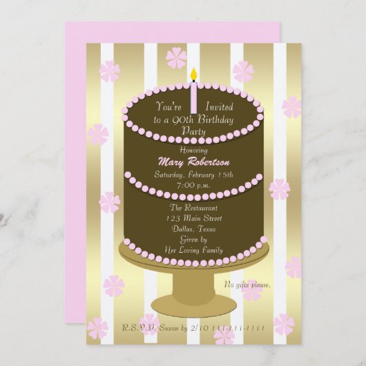 Taart 90ste Verjaardagsfeestuitnodiging 90ste in r Kaart (Voorkant / Achterkant)