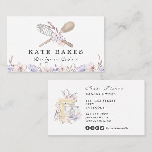 Taart bakken Chef Floral Waterverf Visitekaartje (Voorkant / Achterkant)