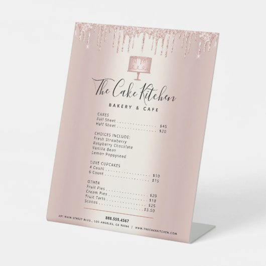Taart Bakkerij Roze Goud Glitter Druppel Menu Prij Reclamebord Met Voetstuk (Voorkant)