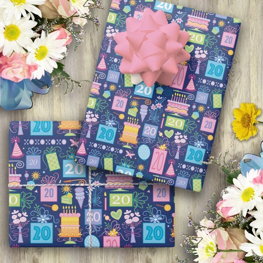 Taart Cadeaus Ballonnen Blauw 20e Verjaardag Inpakpapier Vel