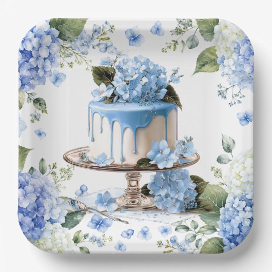 Taart met Hydrangea Bloemen Papieren Bordje (Voorkant)