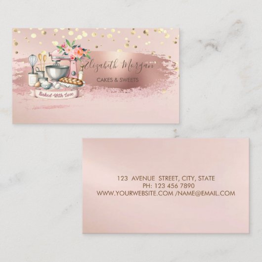 Taart Mixer Flower, Gouden Confetti, Borstel Strok Visitekaartje (Voorkant / Achterkant)