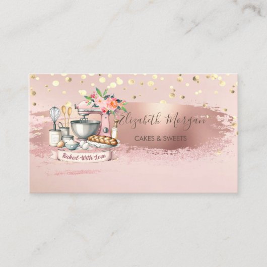 Taart Mixer Flower, Gouden Confetti, Borstel Strok Visitekaartje (Voorkant)