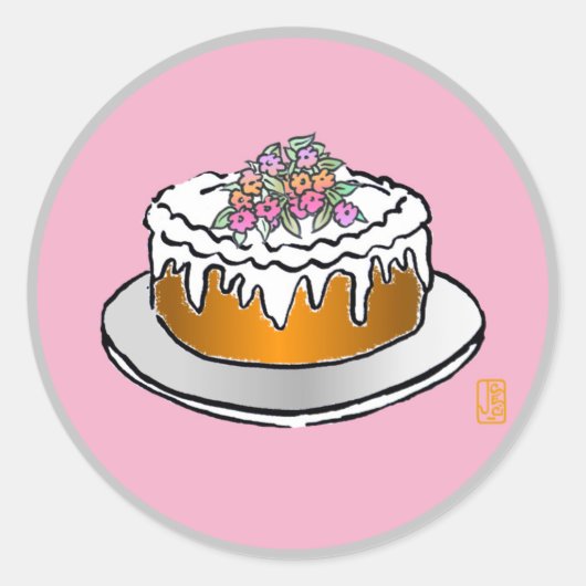 Taart op roze ronde sticker (Voorkant)