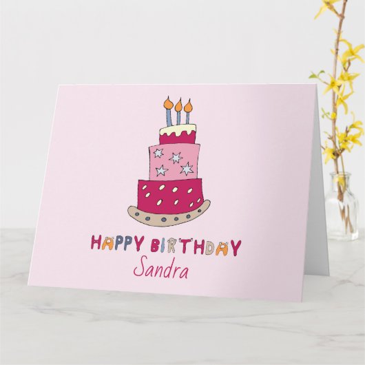 Taart. Schattigee taart met crème en kaarsen. Kaart (Gele Bloem)