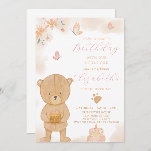 Taart Teddy Verjaardag uitnodiging (Voorkant / Achterkant)