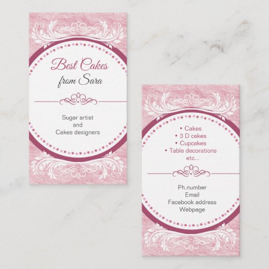 taarten, handgemaakte 3 D taarten, gebak-fornuizen Visitekaartje (Voorkant / Achterkant)