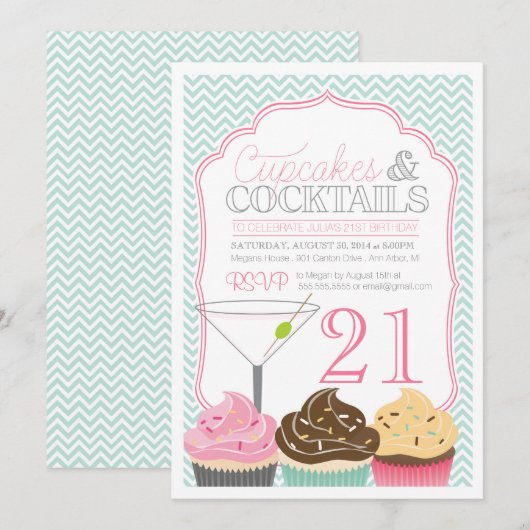 Taartjes & Cocktails Uitnodiging voor verjaardagsf (Voorkant / Achterkant)