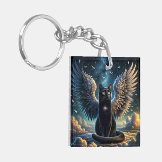 Tabby Angel Cat Zittend op een Cloud Sleutelhanger (Voorkant Links)