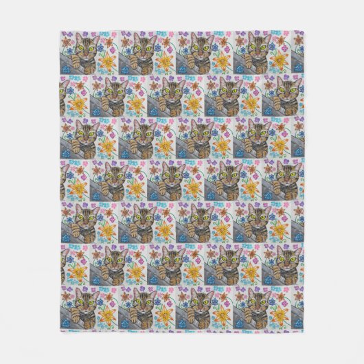 Tabby cat and flowers blanket  fleece deken (Voorkant)
