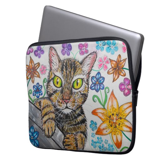 Tabby Cat and flowers Electronics Bag Laptop Sleeve (Voorkant Links)