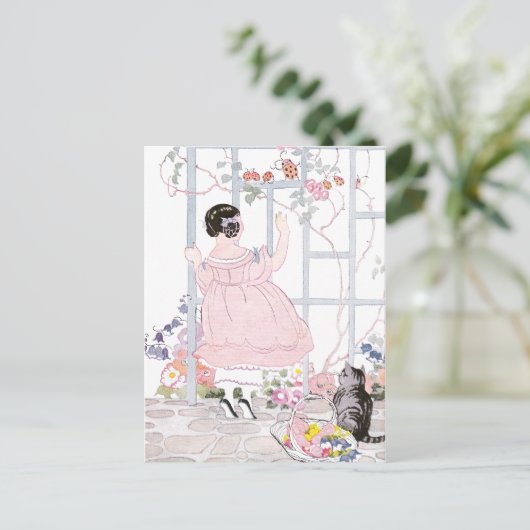 Tabby Cat and Girl door Trellis met bloeiende wijn Briefkaart (Staand voorkant)