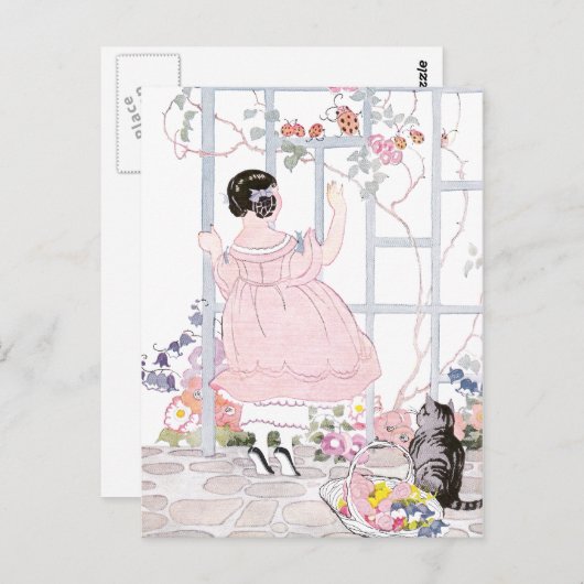 Tabby Cat and Girl door Trellis met bloeiende wijn Briefkaart (Voorkant / Achterkant)