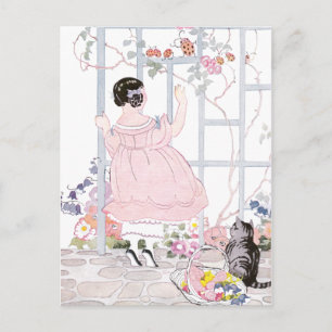 Tabby Cat and Girl door Trellis met bloeiende wijn Briefkaart