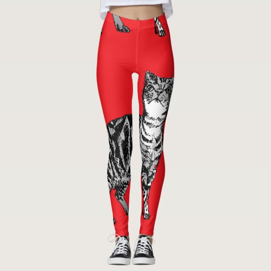 Tabby Cat Animal Black en Red Girls Leggings (Voorkant)