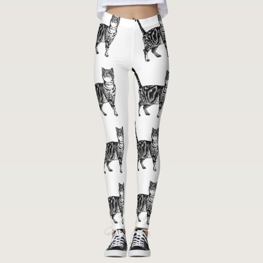 Tabby Cat Animal Black en White Leggings (Voorkant)