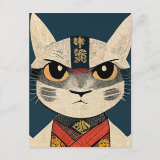 Tabby Cat as Nobunaga Oga in Japanese Wood Wall A Briefkaart