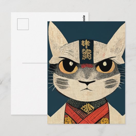 Tabby Cat as Nobunaga Oga in Japanese  Wood Wall A Briefkaart (Voorkant / Achterkant)