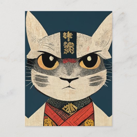 Tabby Cat as Nobunaga Oga in Japanese  Wood Wall A Briefkaart (Voorkant)